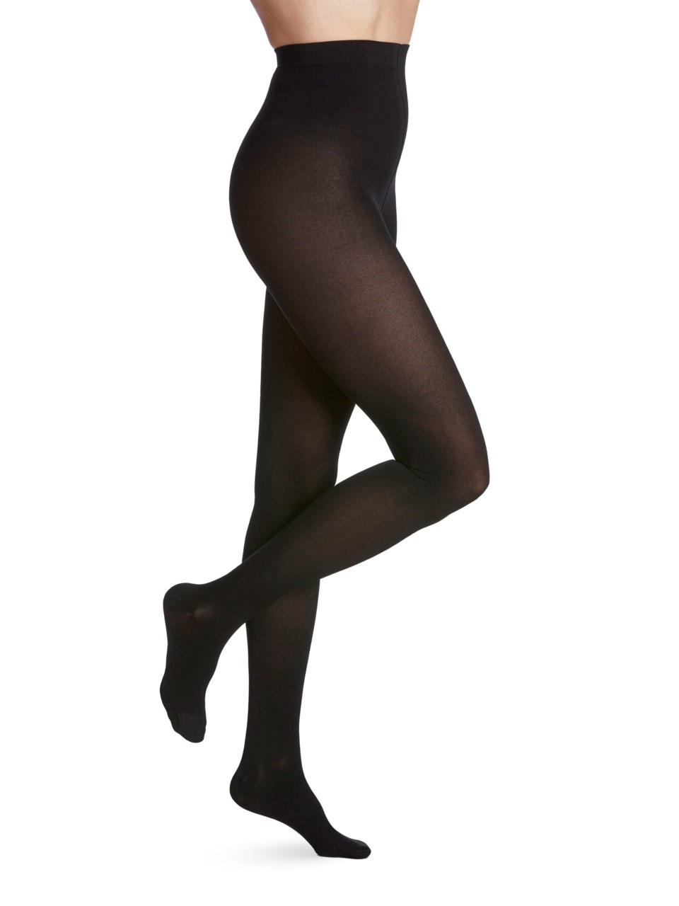 Female wearing ESSENTIAL: OPAQUE pantyhose in BLACK