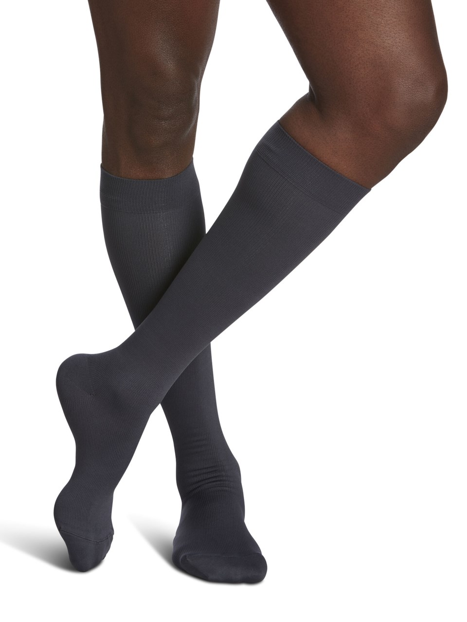 Male wearing STYLE MICROFIBER compression calf socks in STEEL GREY